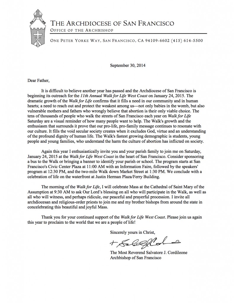 An Invitation Letter from Archbishop Salvatore Cordileone - Walk for